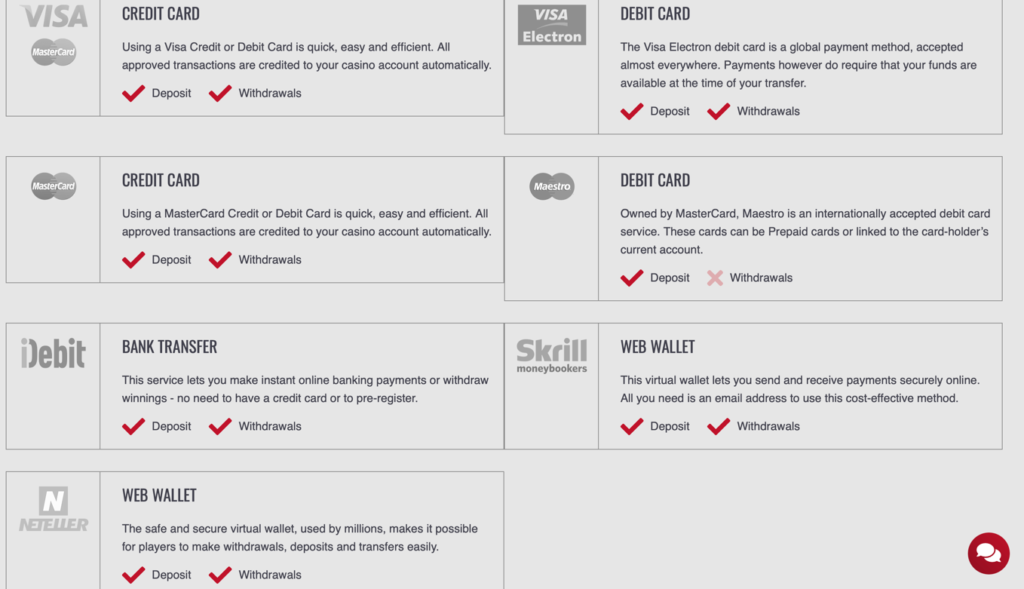 Options de paiement chez Platinum Play Casino