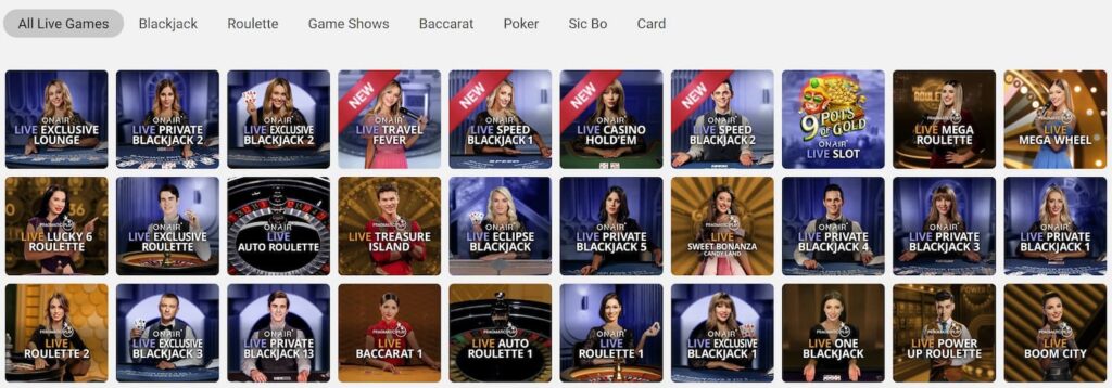 Jeux live de Spin Casino