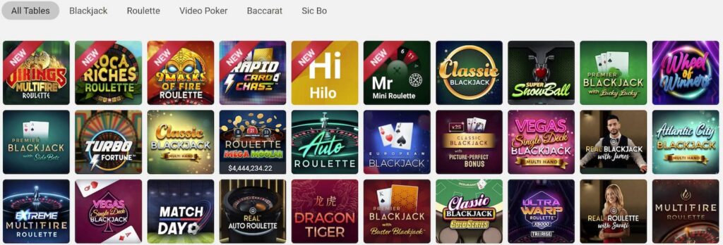 Jeux de table Spin Casino